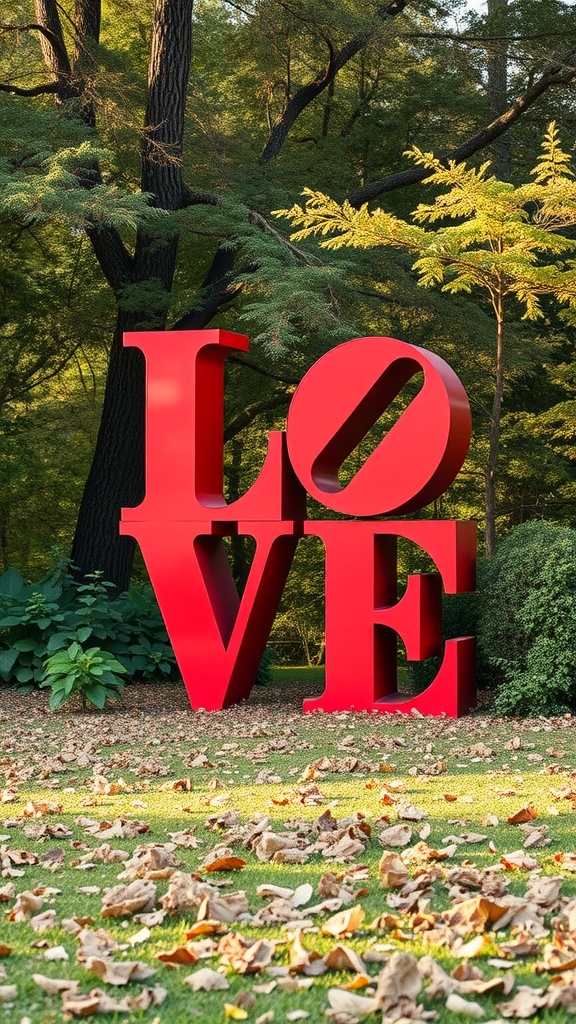 Outdoor art installation with large red 'LOVE' letters surrounded by green foliage and fallen leaves.