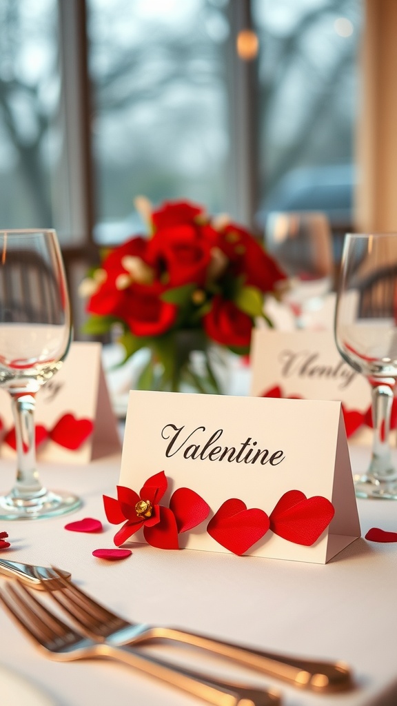 Customized paper place cards decorated with heart shapes and flowers on a dining table.