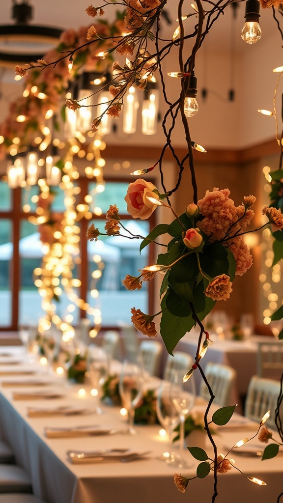 Decorative fairy lights wrapped around pink flowers