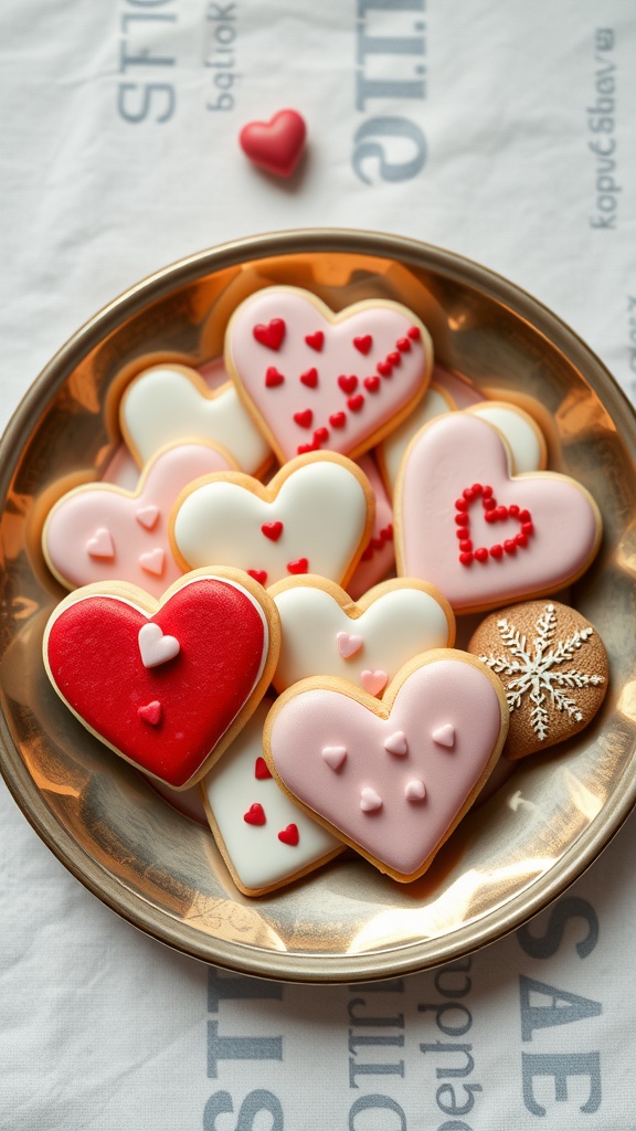 A platter of heart-shaped cookies with colorful icing and decorations.