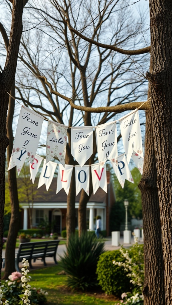 Decorative love banners hanging between trees spelling out 'LOVE' with floral designs