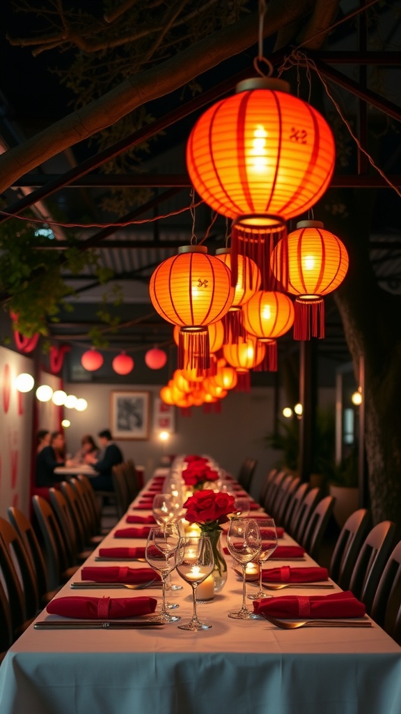 Decorative paper lanterns hanging in a romantic dining setting for Valentine's Day.