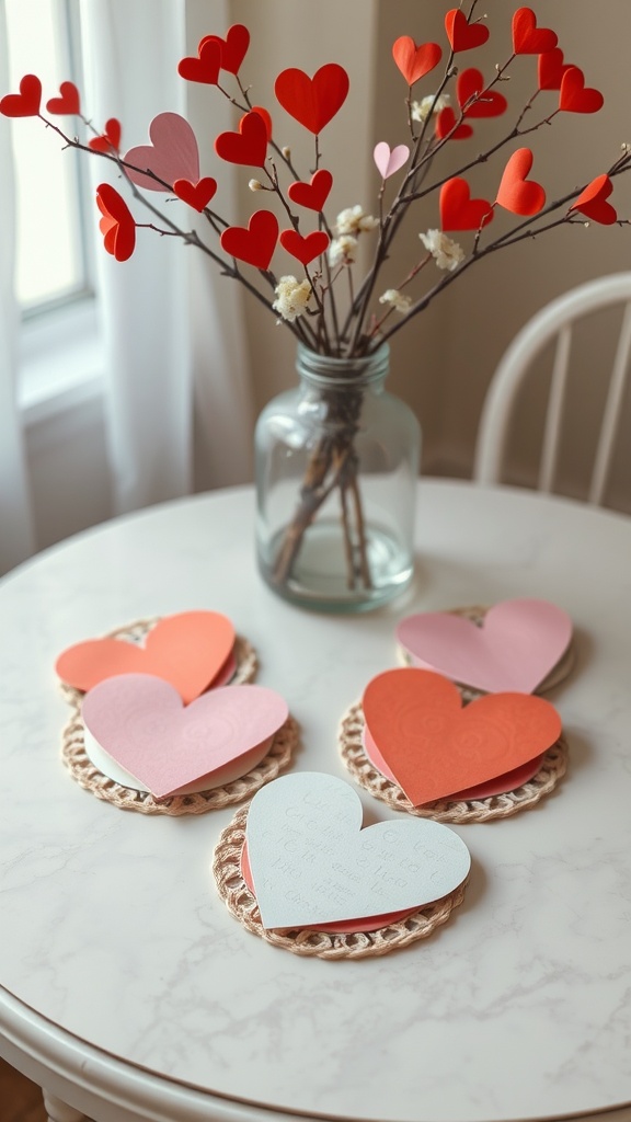 Heart-shaped paper coasters on a table with a vase of decorative paper heart branches.