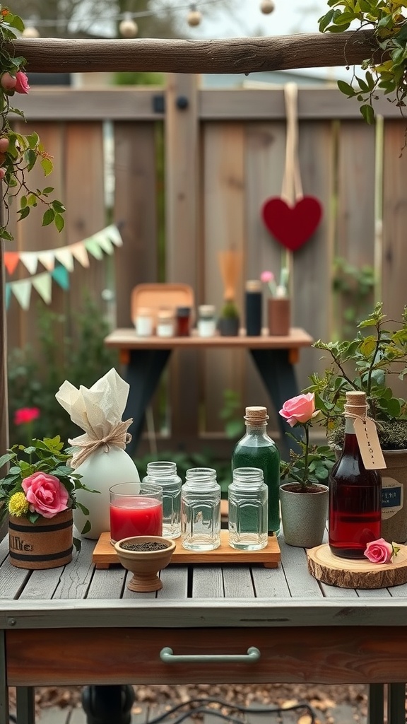 A beautifully arranged DIY love potion station featuring colorful jars and flowers, perfect for outdoor Valentine decor.