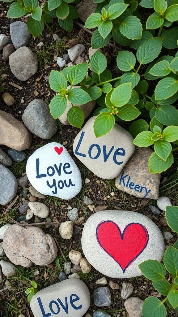 Painted rocks with love messages surrounded by green leaves