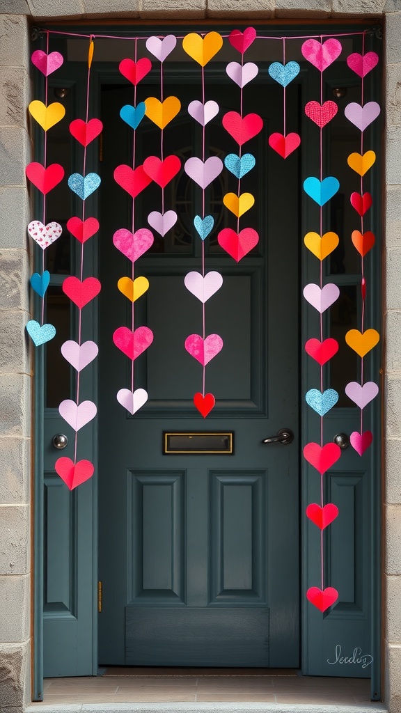 Colorful paper heart chain decorations hanging in a doorway.