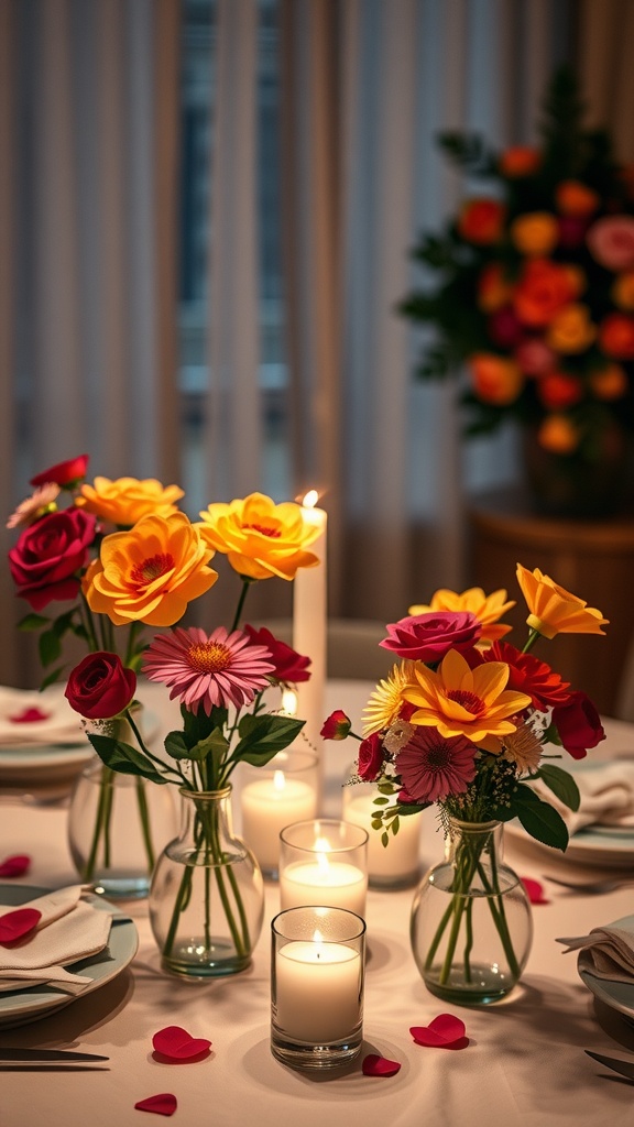 A table decorated with colorful flowers and candles, perfect for Valentine's Day.