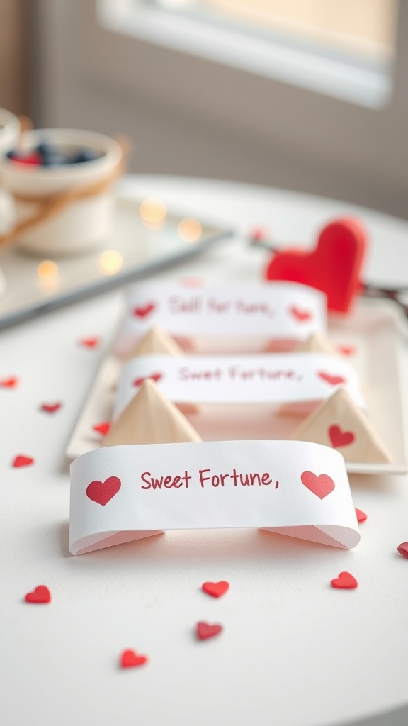 DIY paper fortune cookies with sweet messages and small red hearts around them.