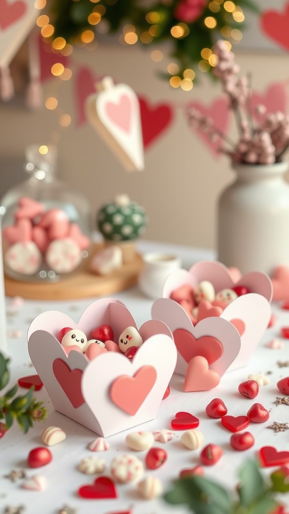 DIY paper heart boxes filled with candies and decorated for Valentine's Day.