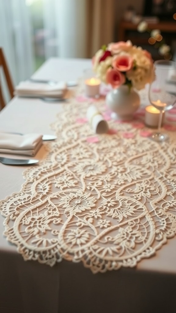 A beautifully arranged table with a lace table runner, flowers, and candles for a romantic setting.