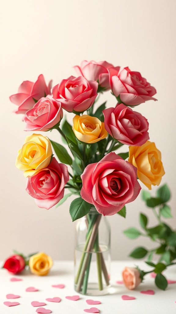 A bouquet of colorful paper roses in a clear vase, surrounded by small heart decorations.