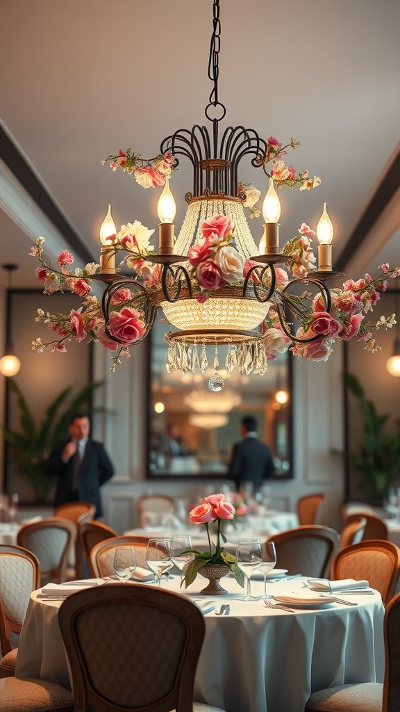 A beautifully decorated chandelier with flowers in a restaurant setting, enhancing the romantic atmosphere.