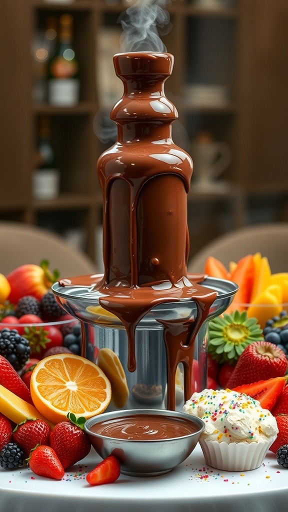 A chocolate fountain with flowing chocolate surrounded by fresh fruits and treats.