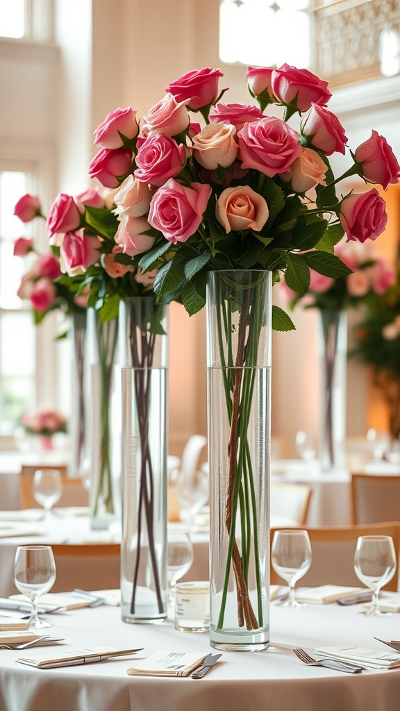 Elegant glass vases filled with roses for Valentine's Day restaurant decoration