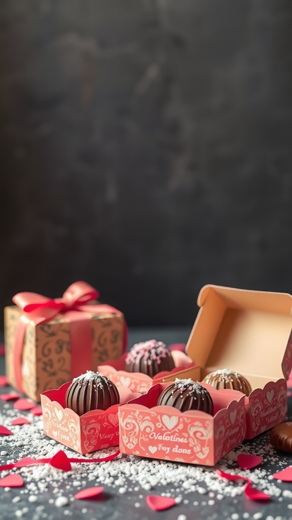 Decorative paper boxes filled with chocolate truffles, with rose petals scattered around.