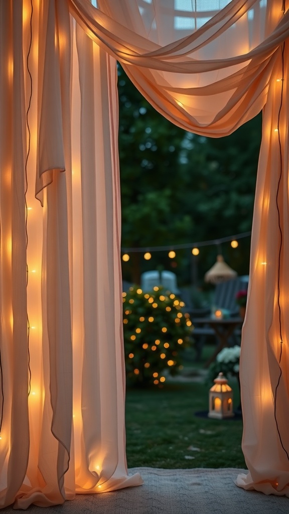 Outdoor setup with fabric drapes and lights, creating a romantic atmosphere