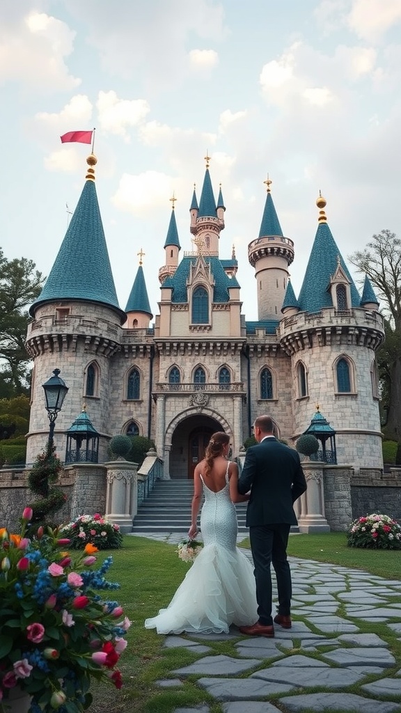 A couple walking towards a fairy tale castle backdrop, perfect for outdoor Valentine decor.