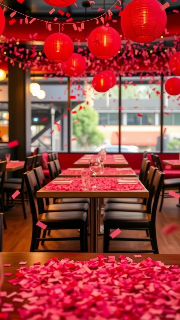 A restaurant table decorated with red and pink confetti for Valentine's Day.