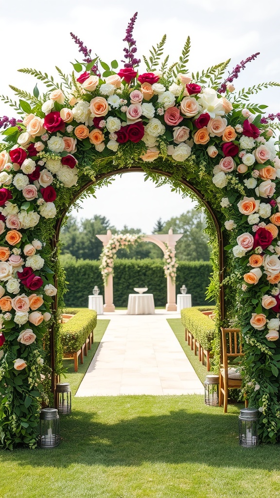 A beautiful floral archway adorned with roses and greenery, leading to a charming garden setup.