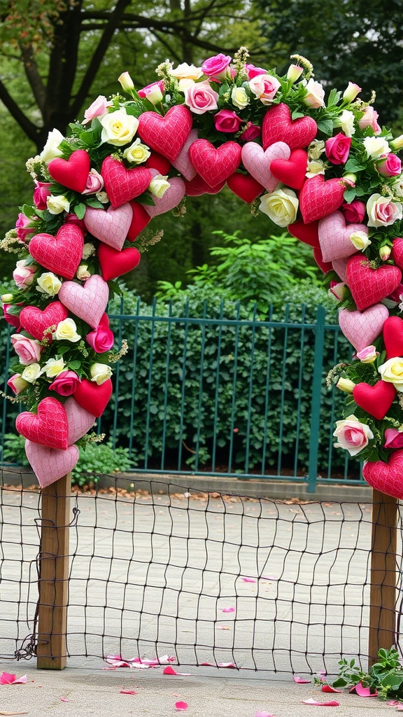 A beautiful floral heart garland made of red and pink fabric hearts and roses, perfect for outdoor Valentine decorations.