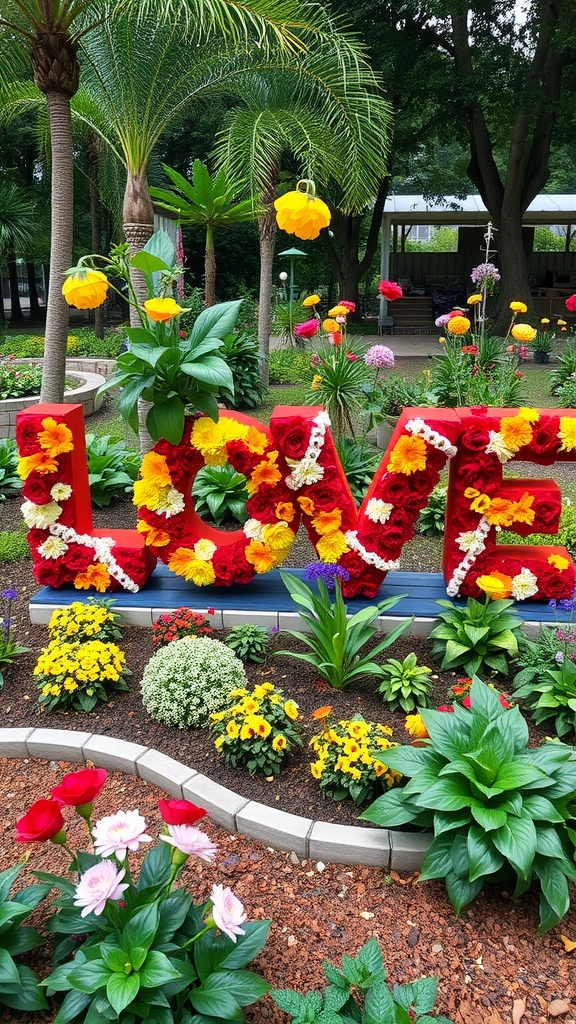 Colorful floral arrangement spelling 'LOVE' surrounded by vibrant flowers in a garden