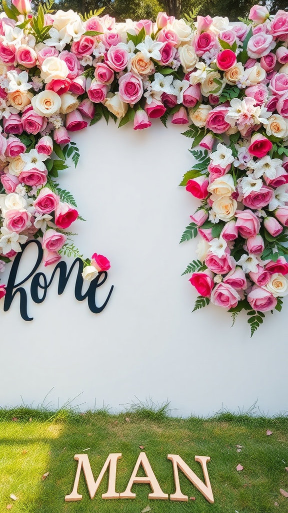 Flower wall backdrop adorned with pink and white roses, featuring a decorative sign that says 'Home' and wooden letters spelling 'MAN' on the grass