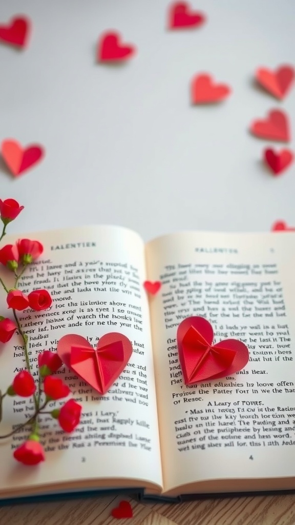 Folded paper heart bookmarks on an open book with scattered paper hearts.