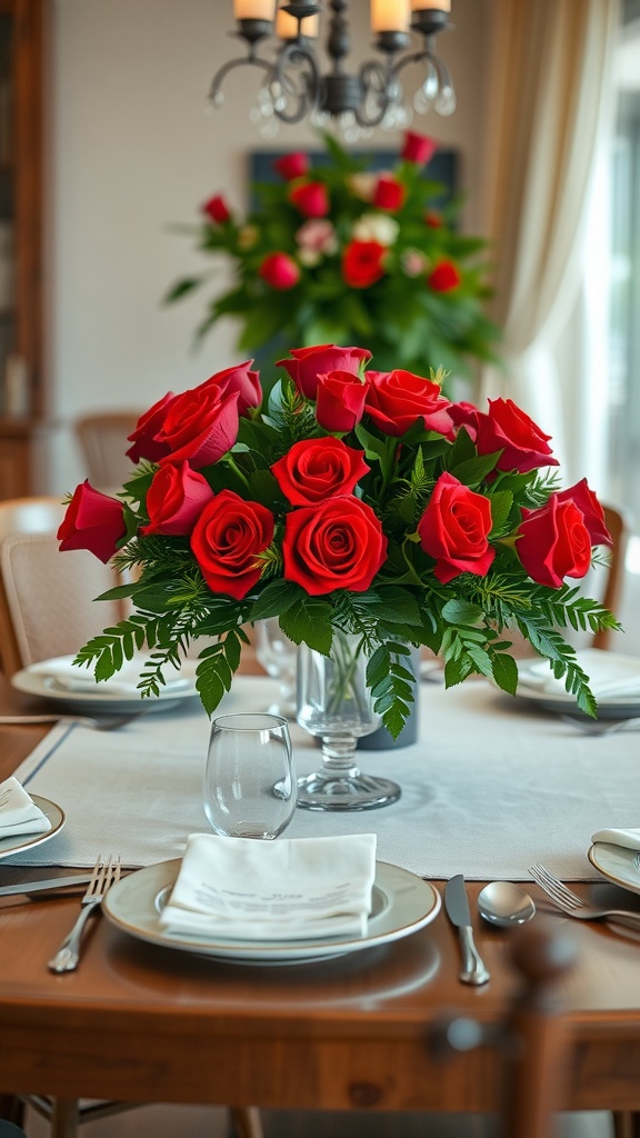 A beautifully arranged table with fresh red rose centerpieces, elegant place settings, and soft lighting.