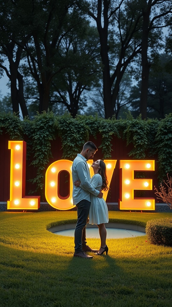 A couple standing in front of giant illuminated 'LOVE' letters outdoors.