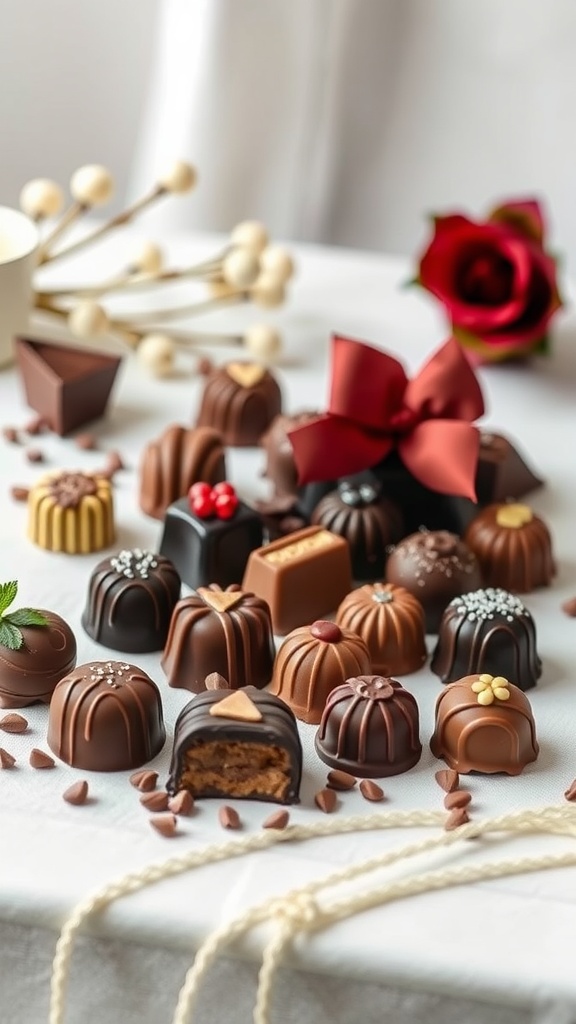 An elegant display of gourmet chocolates with a red ribbon and decorative elements.