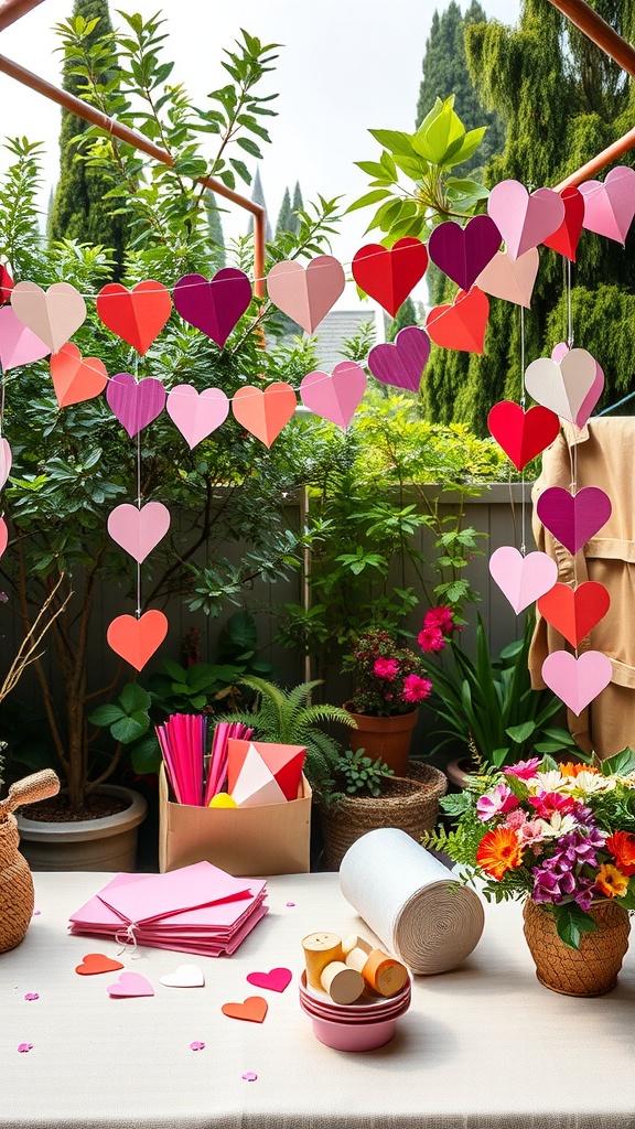 Colorful heart garlands made from paper, hanging in a garden setting with craft supplies on a table.