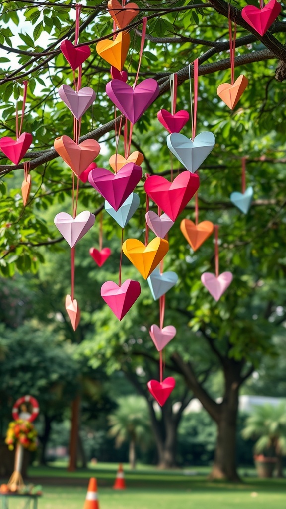 Colorful heart decorations hanging from a tree branch in a garden setting.