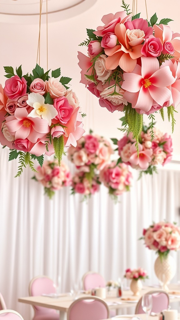 Hanging paper floral arrangements with pink and white flowers