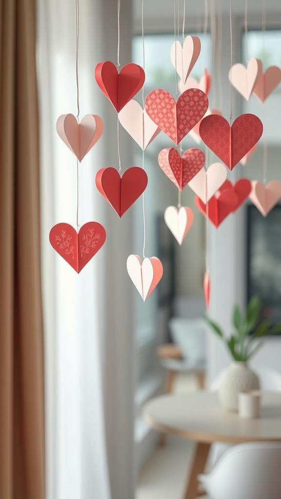 A collection of hanging paper hearts in various shades of red and pink.