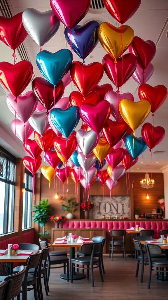 Colorful heart-shaped balloons hanging in a restaurant setting.