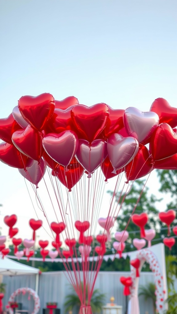 A colorful display of heart-shaped balloons in red and pink shades, floating against a clear blue sky.