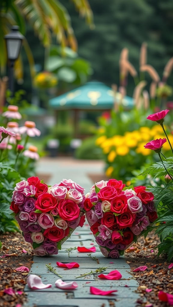 Heart-shaped floral arrangements made of roses in a garden