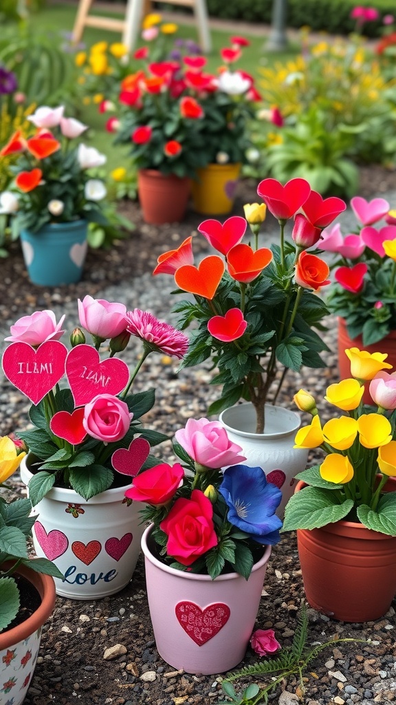 Colorful heart-shaped flower arrangements in pots with vibrant flowers for Valentine's Day decoration.