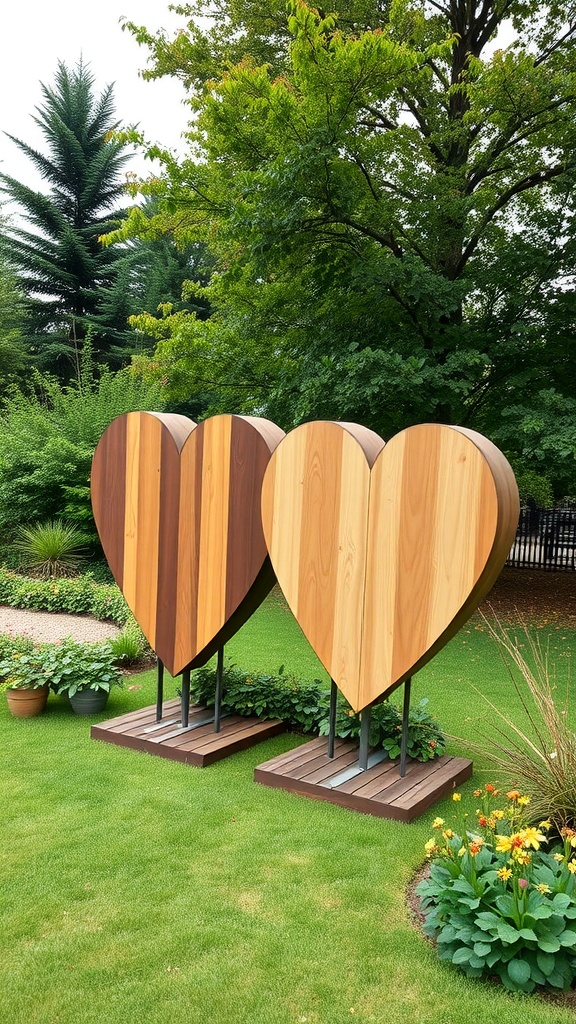 Two large wooden heart-shaped decorations standing in a green garden