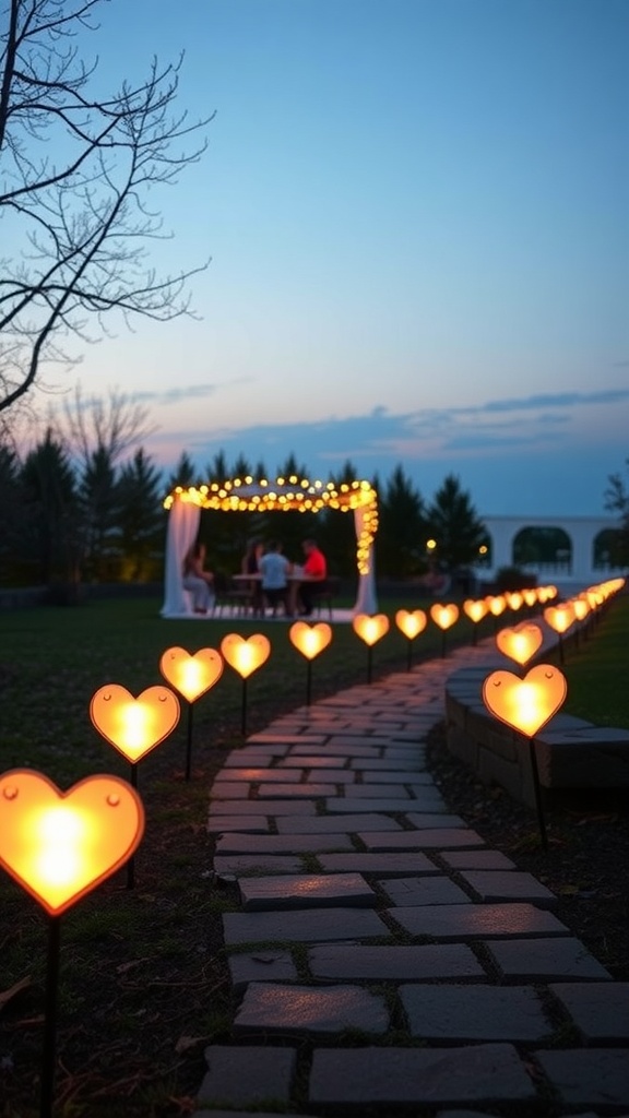 A pathway lined with heart-shaped garden lights leading to a romantic outdoor setup.