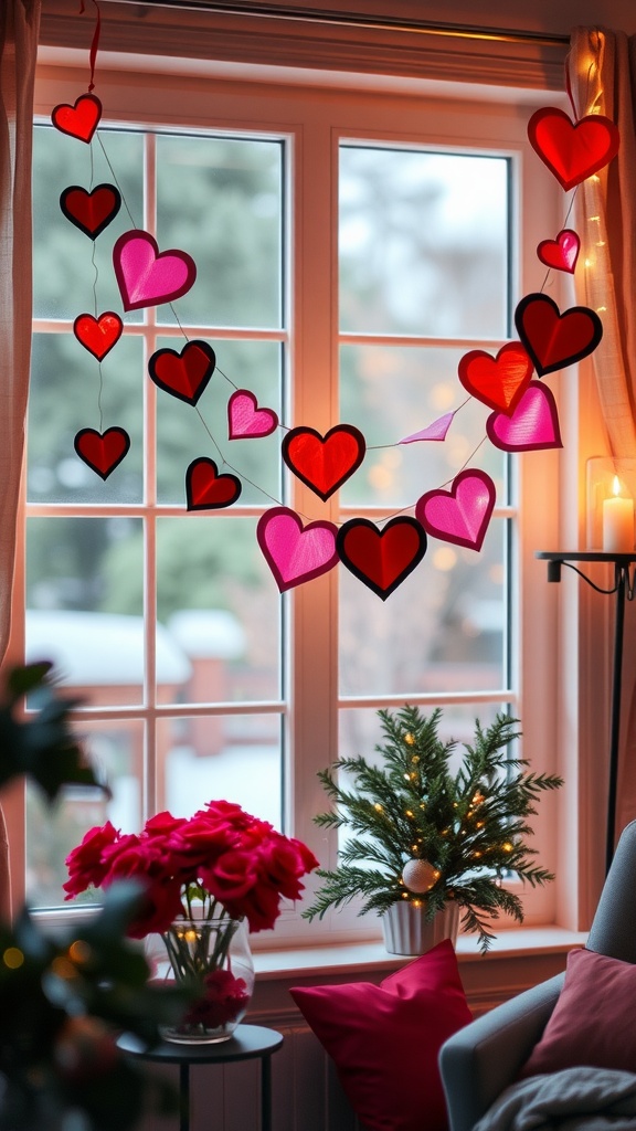 Colorful heart-shaped garland hanging in a window for Valentine's Day decor.