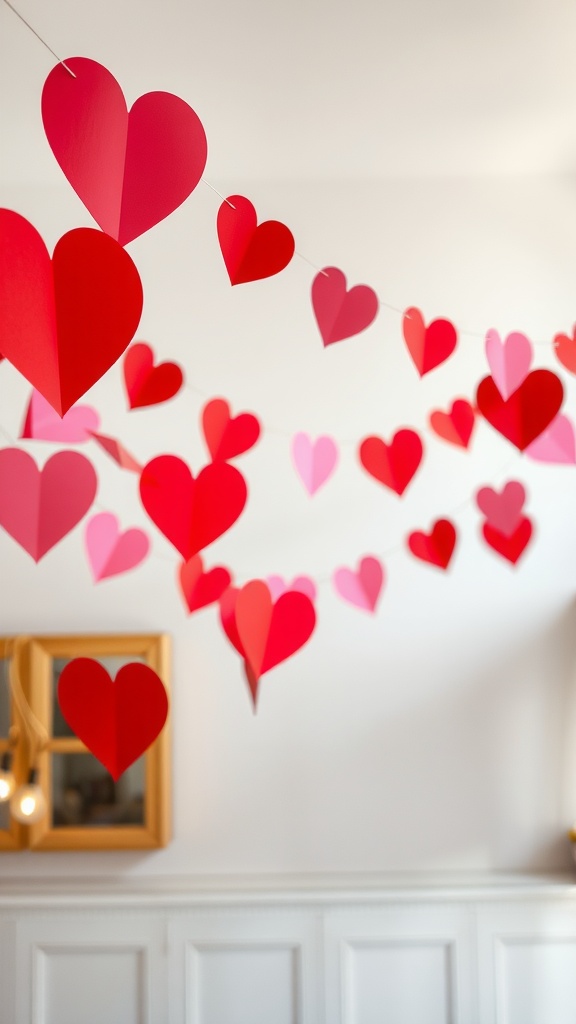 Colorful heart-shaped paper banners hanging in a room