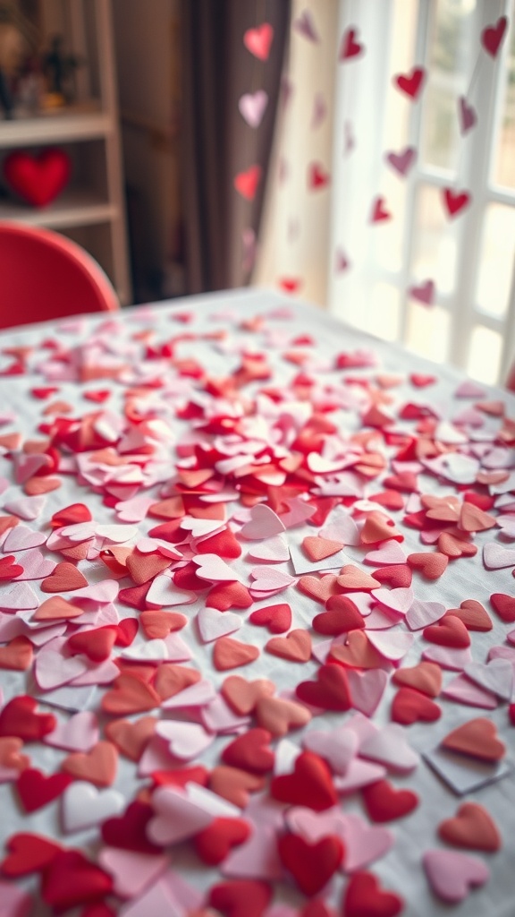 A table covered with heart-shaped paper confetti in various shades of red and pink.