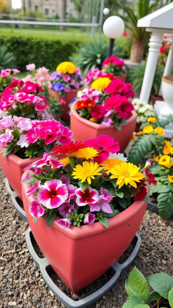 Colorful heart-shaped planters filled with flowers for Valentine's Day decorations