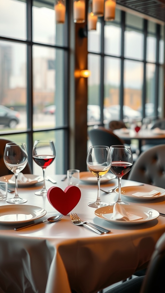 A dining table set for Valentine's Day with heart-shaped napkins and red drinks.