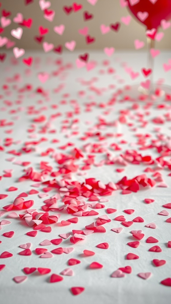 Heart-shaped confetti in pink and red scattered on a white tablecloth