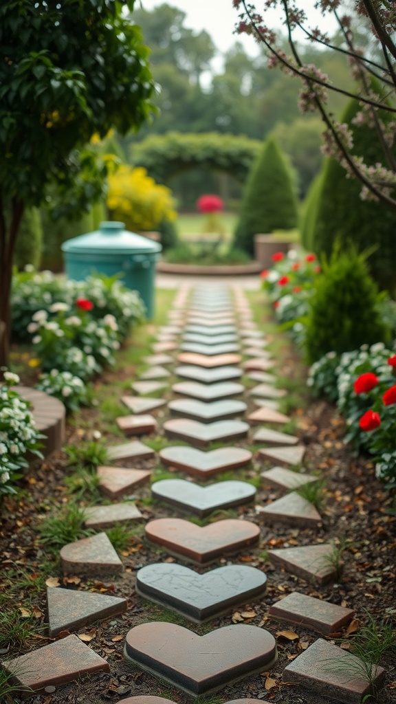 A heart-shaped garden path with vibrant flowers on either side.