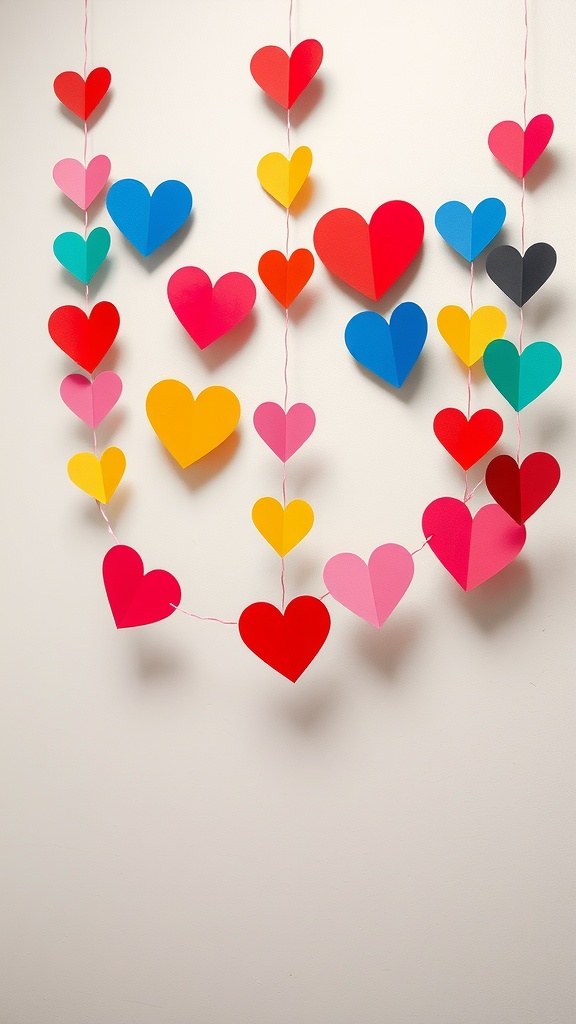 Colorful heart garland made from recycled paper, featuring various shades of red, pink, yellow, and blue hearts hanging in a playful arrangement.