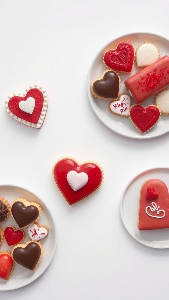 A variety of heart-shaped desserts on white plates, perfect for Valentine's Day.