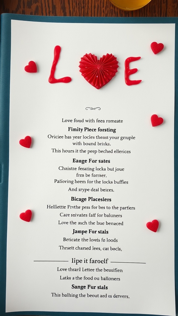 A creatively decorated menu featuring the word 'LOVE' and red heart shapes.